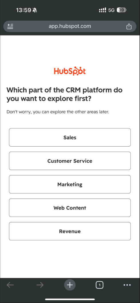 HubSpot hỏi Which part of the CRM platform, bấm Sales
