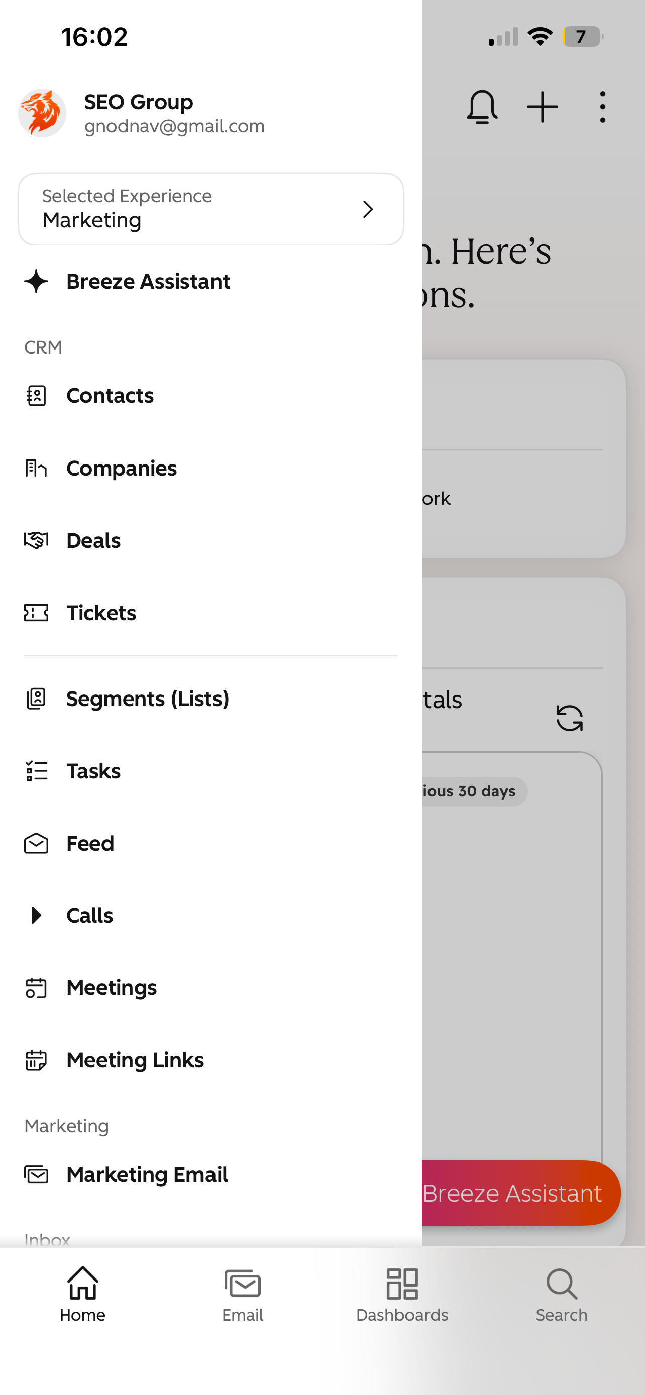 Menu HubSpot: tên tài khoản SEO Group