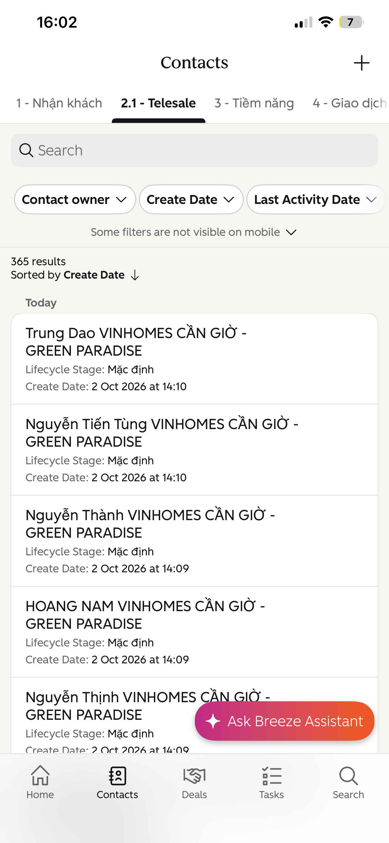 Contacts HubSpot: tab 1 - Nhận khách, 2.1 - Telesale, 3 - Tiềm năng, Sorted by Create Date