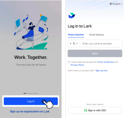 Màn hình Lark: nút Log in và ô nhập số điện thoại